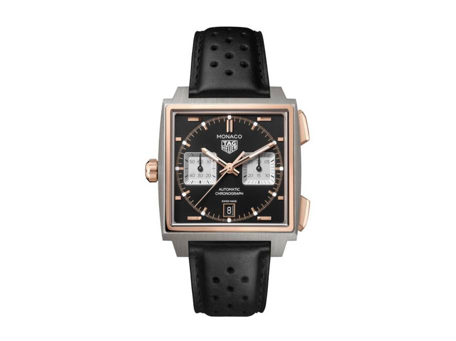 Monaco Chronograph Automatik Titan und Roségold 39mm schwarzes Zifferblatt schwarzes Lederband