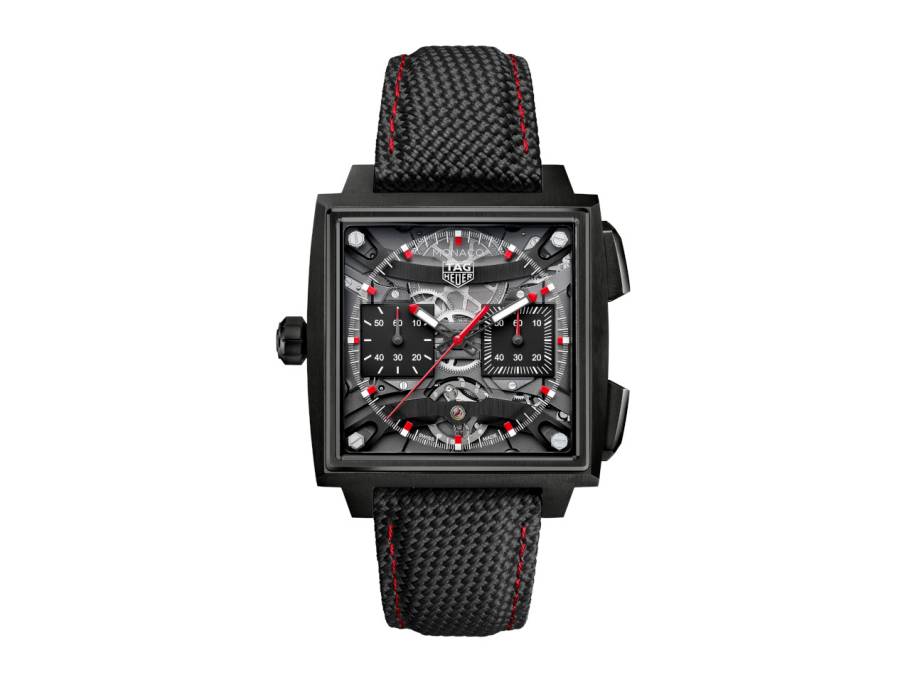 Monaco Evergraph Automatik Titan DLC-Schwarz 40mm skelettiertes Zifferblatt schwarzes Kautschukband