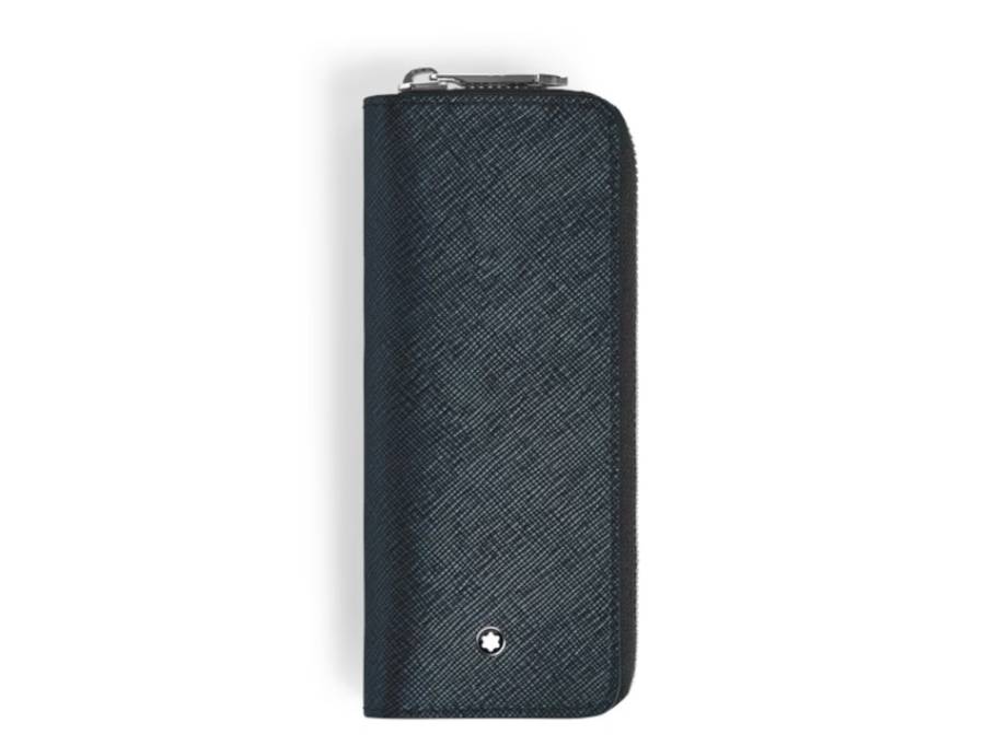 Sartorial Stiftetui mit Reissverschluss Leder Tweed-Blau für 2 Schreibgeräte