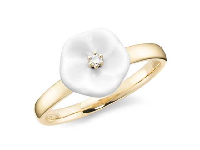 Blossom Blütenring   Blüte klein Gelbgold mit Meissener Porzellan® und Brillant