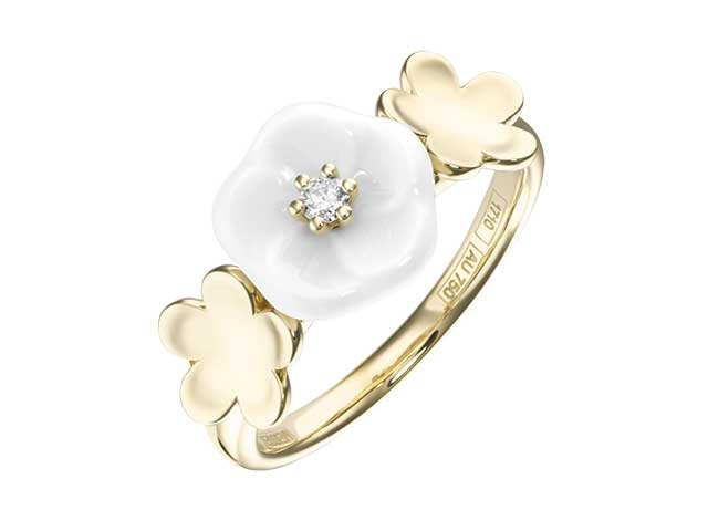 Blossom Blütenring  3 Blüten Gelbgold mit Meissener Porzellan® und Brillant