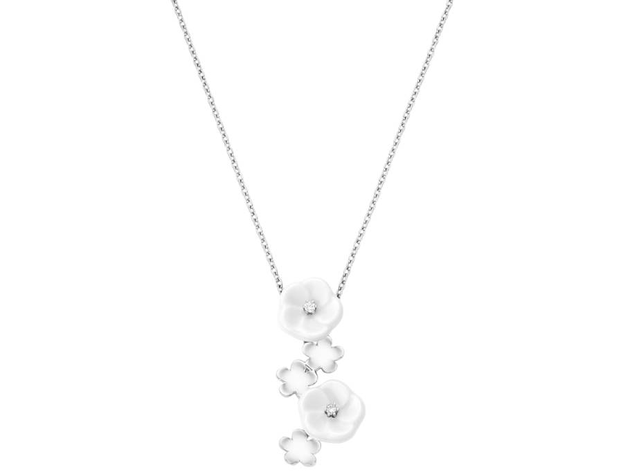 Blossom Blütencollier 5 Blüten Weißgold mit Brillanten und Meissen Porzellan