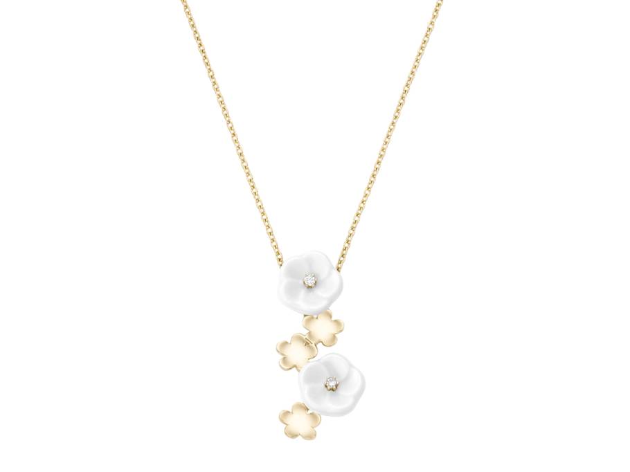 Blossom Blütencollier 5 Blüten Gelbgold mit Brillanten und Meissen Porzellan