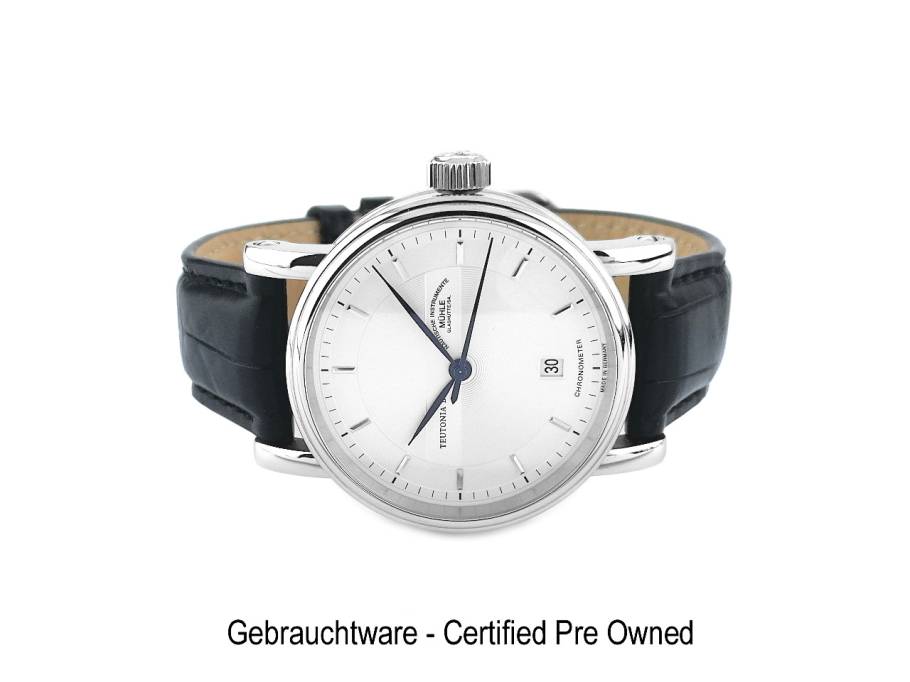 Teutonia II Chronometer Automatik Edelstahl 39mm silbernes Zifferblatt schwarzes Lederband M1-30-45 Full Set Occasion Neu