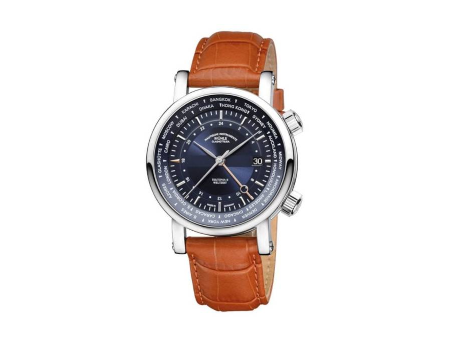 Teutonia II Weltzeit Herrenuhr mit zweiter Zeitzone nachtblau Lederband