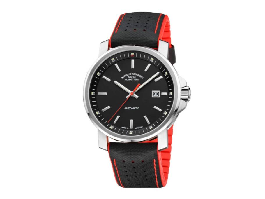 29er Big Automatik Edelstahl 42,4mm schwarzes Zifferblatt schwarz-rotes Leder-Kautschukband
