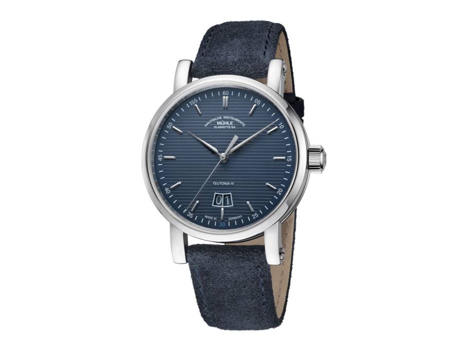 Teutonia IV Großdatum Edition 1994 Automatik Edelstahl 41mm anthrazitblaues Zifferblatt blaues Velours-Lederband