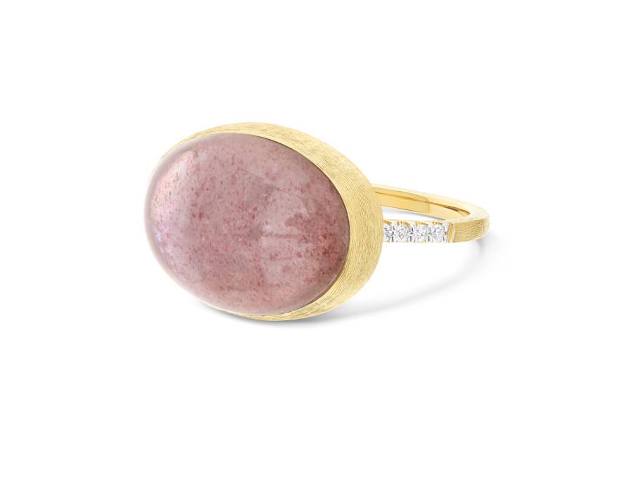 Nanis Boules Rosolio Large Ring Gelbgold mit Rosenquarz und Brillanten