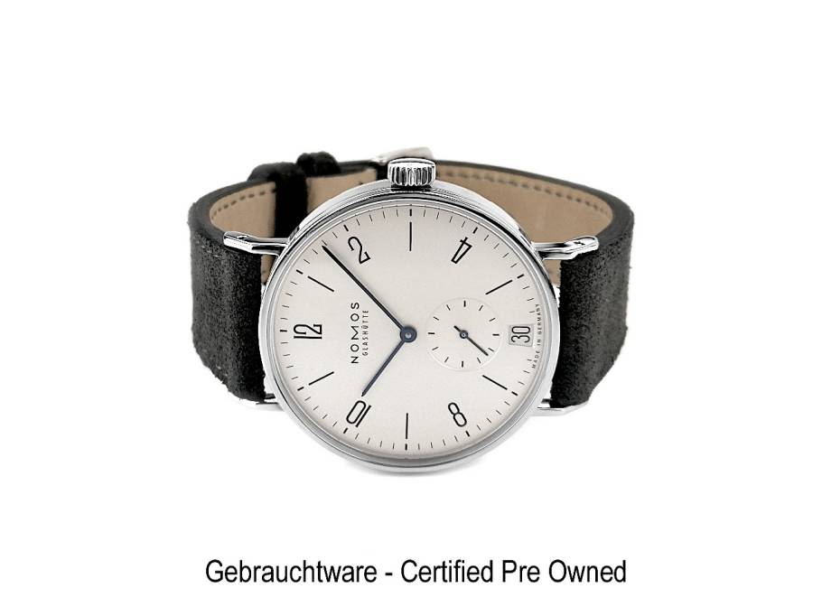 Tangomat Datum Automatik Edelstahl 38mm weißes Zifferblatt schwarzes Lederband 602 Full Set mit Garantie Occasion Refurbished