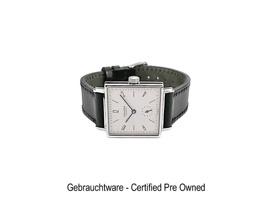 Tetra 27 Handaufzug Edelstahl silbernes Zifferblatt schwarzes Lederband Full Set Occasion Refurbished