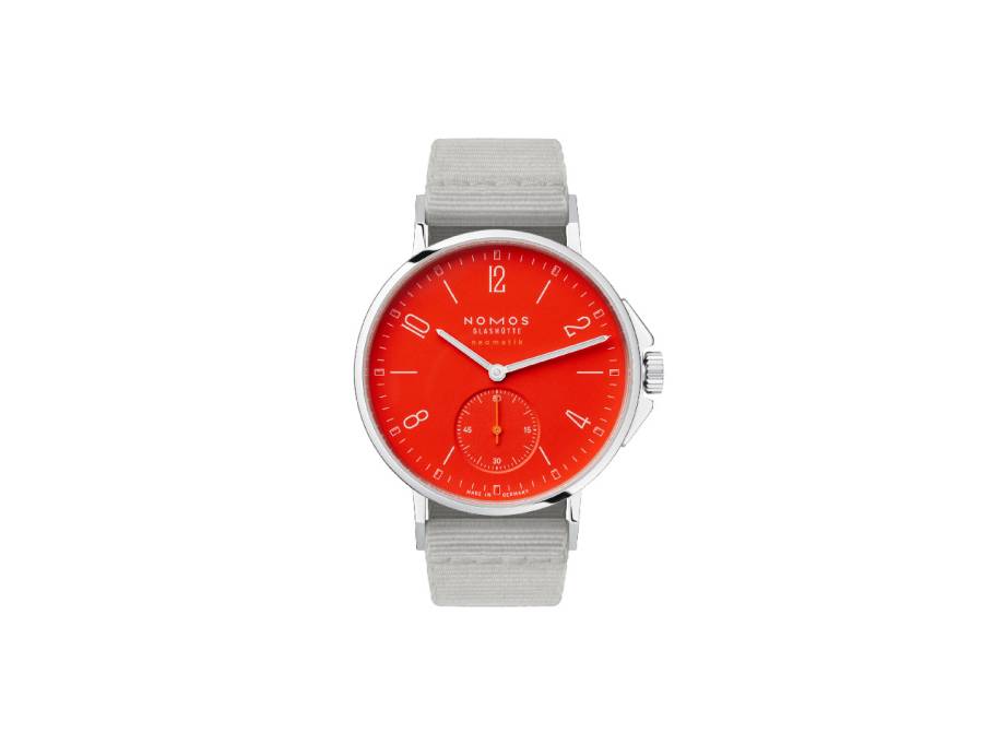 Ahoi neomatik Signalrot Automatik Edelstahl 36mm rotes Zifferblatt graues Textilband