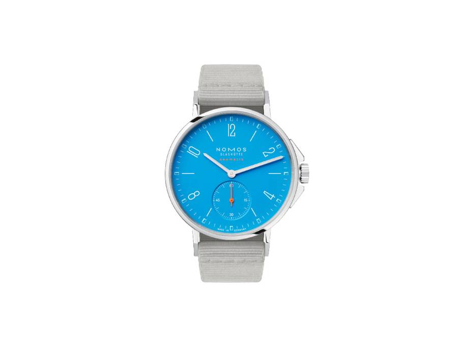 Ahoi neomatik Signalblau Automatik Edelstahl 36mm blaues Zifferblatt graues Textilband