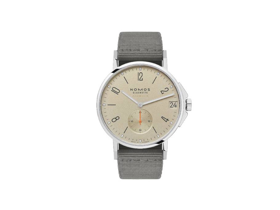 Ahoi neomatik 38 Datum Sand Automatik Edelstahl sandfarbenes Zifferblatt dunkelgraues Textilband Glasboden