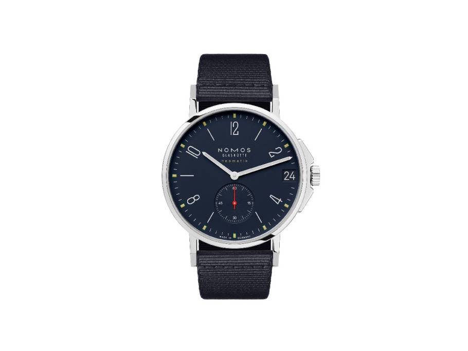 Ahoi neomatik 38 Datum Atlantik Automatik Edelstahl dunkelblaues Zifferblatt dunkelblaues Textilband Glasboden