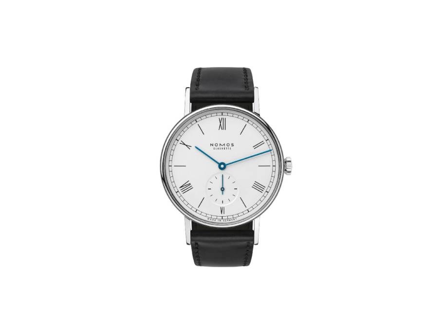 Ludwig 35 Handaufzug Edelstahl weißes Zifferblatt schwarzes Lederband Glasboden