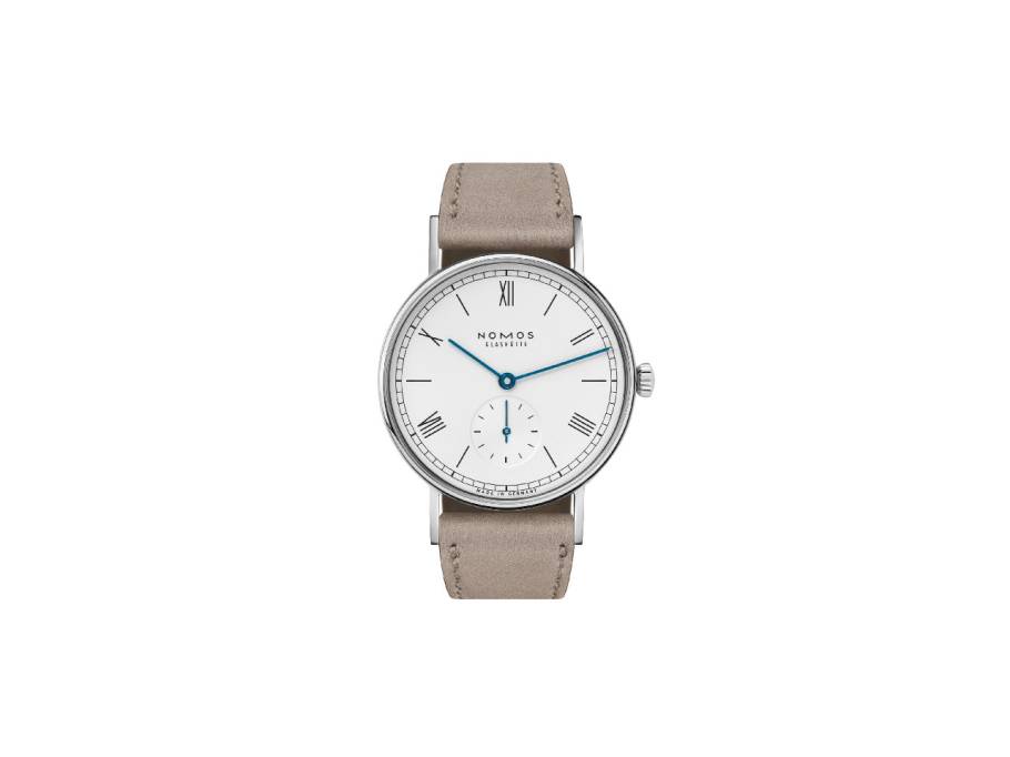 Ludwig 33 Handaufzug Edelstahl weißes Zifferblatt braunes Lederband Glasboden