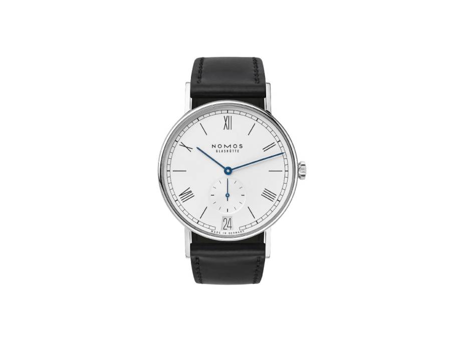 Ludwig 38 Datum Handaufzug Edelstahl weißes Zifferblatt schwarzes Lederband Glasboden