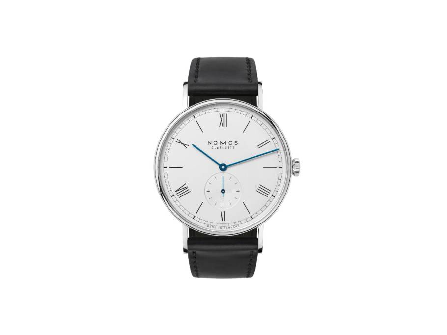 Ludwig 38 Handaufzug Edelstahl weißes Zifferblatt schwarzes Lederband Glasboden