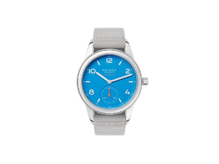 Club neomatik 37 Signalblau Automatik Edelstahl blaues Zifferblatt graues Textilband Glasboden