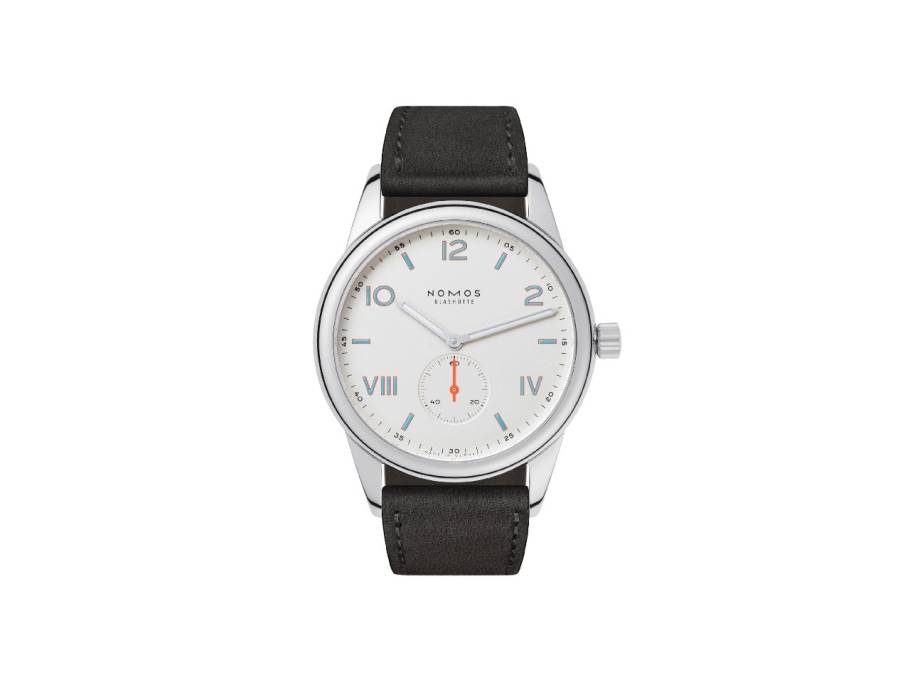 Club Campus 38 Weiß Handaufzug Edelstahl 38mm weißes Zifferblatt schwarzes Lederband Stahlboden