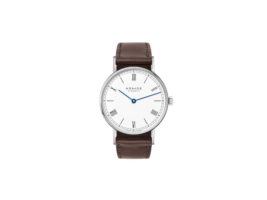 Ludwig 33 Emailleweiß Handaufzug Edelstahl weißes Zifferblatt braunes Lederband Glasboden