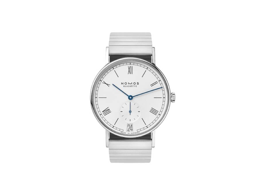Ludwig 38 Datum Handaufzug Edelstahl weißes Zifferblatt Metallband Glasboden