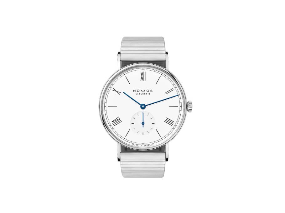 Ludwig 38 Emaillleweiß Handaufzug Edelstahl weißes Zifferblatt Metallband Glasboden