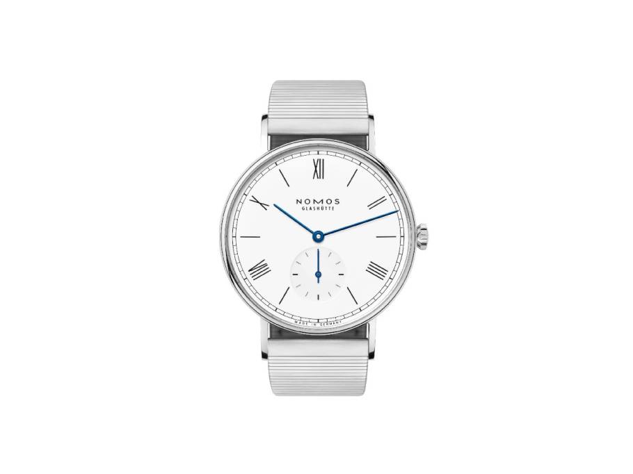 Ludwig 38 Emailleweiß Handaufzug Edelstahl weißes Zifferblatt Metallband Stahlboden