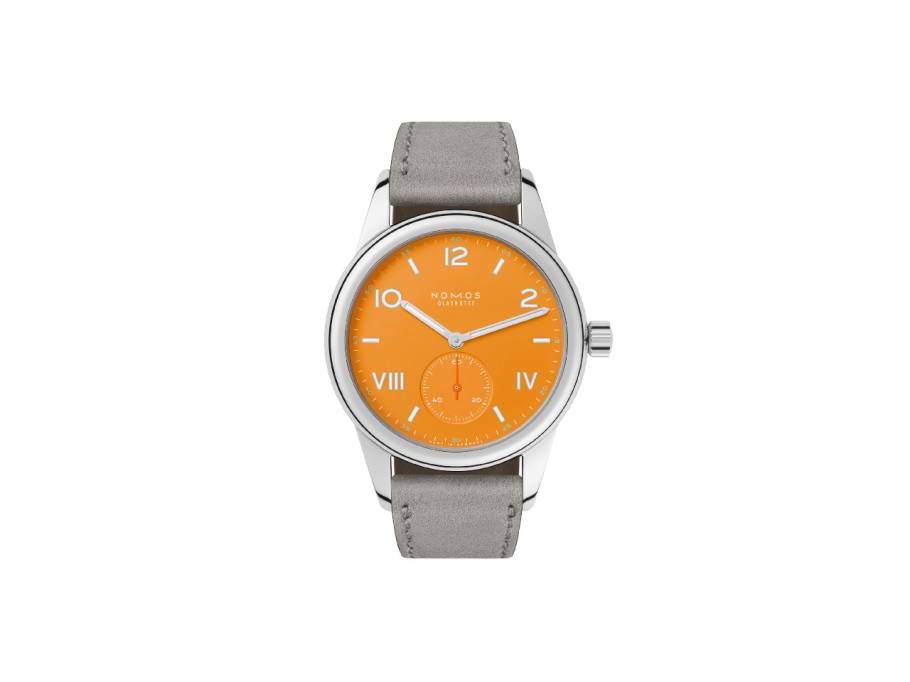 Club Campus 36 Future Orange Handaufzug Edelstahl orangefarbenes Zifferblatt graues Lederband