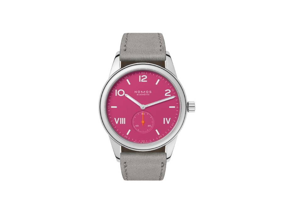 Club Campus 38 Deep Pink Handaufzug Edelstahl pinkes Zifferblatt graues Lederband