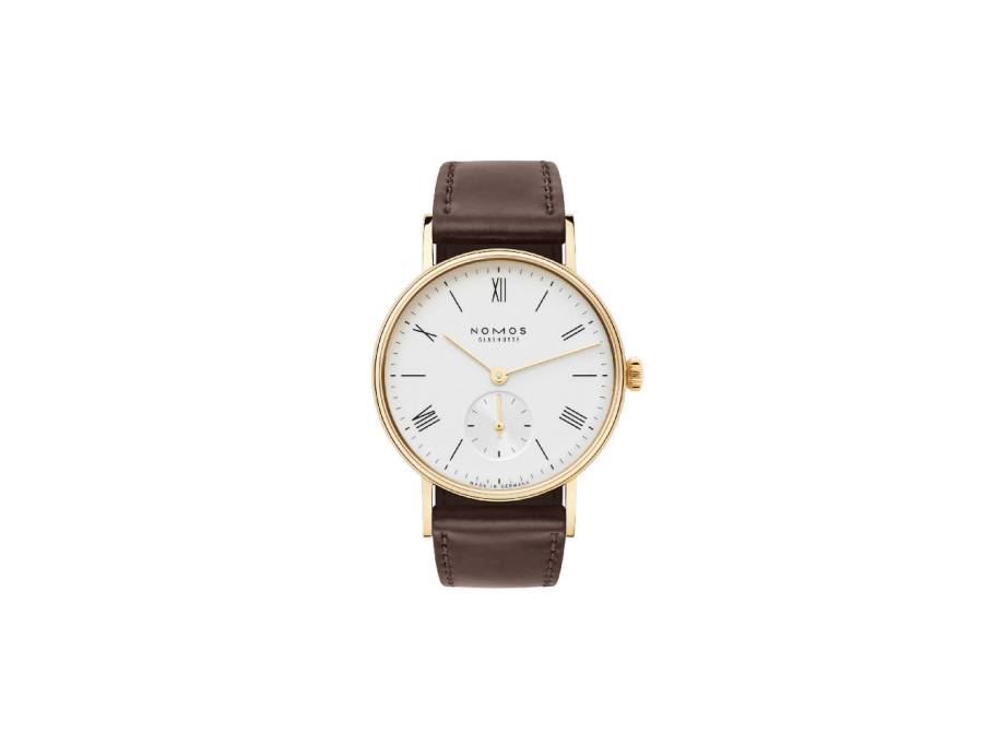 Ludwig 33 Gold Handaufzug Gelbgold weißes Zifferblatt braunes Lederband