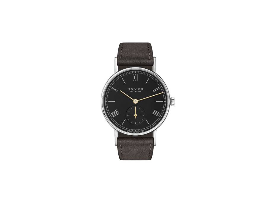 Ludwig 33 Noir Handaufzug Edelstahl schwarzes Zifferblatt schwarzes Lederband Glasboden