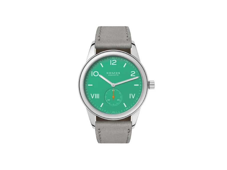 Club Campus 38 Electric Green Handaufzug Edelstahl grünes Zifferblatt graues Lederband