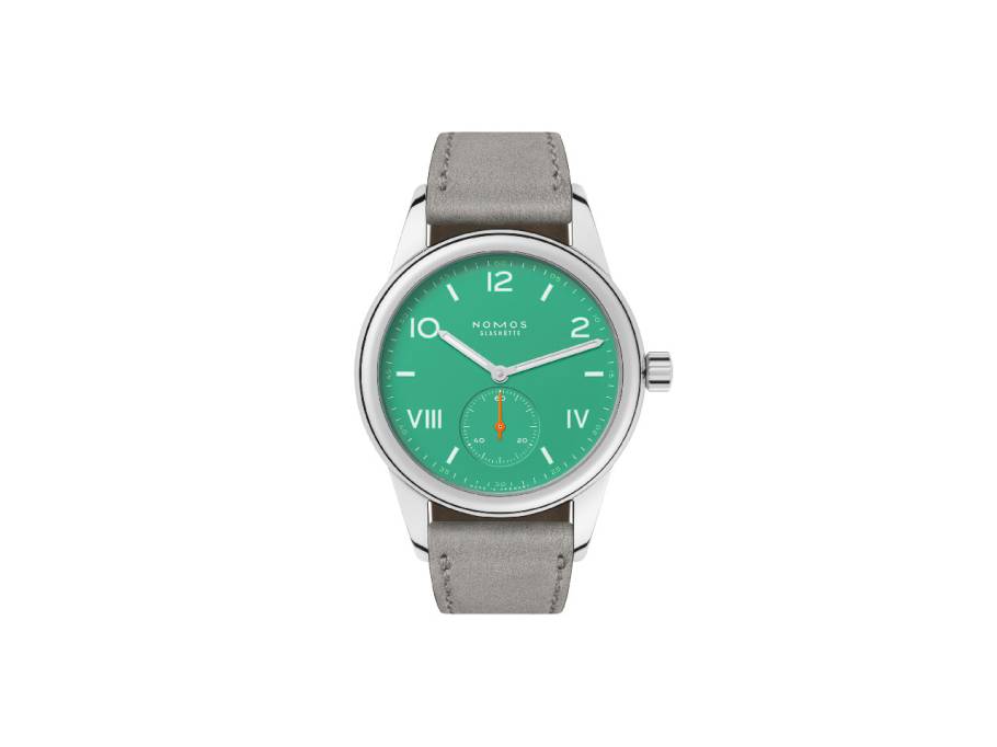 Club Campus 36 Electric Green Handaufzug Edelstahl grünes Zifferblatt graues Lederband