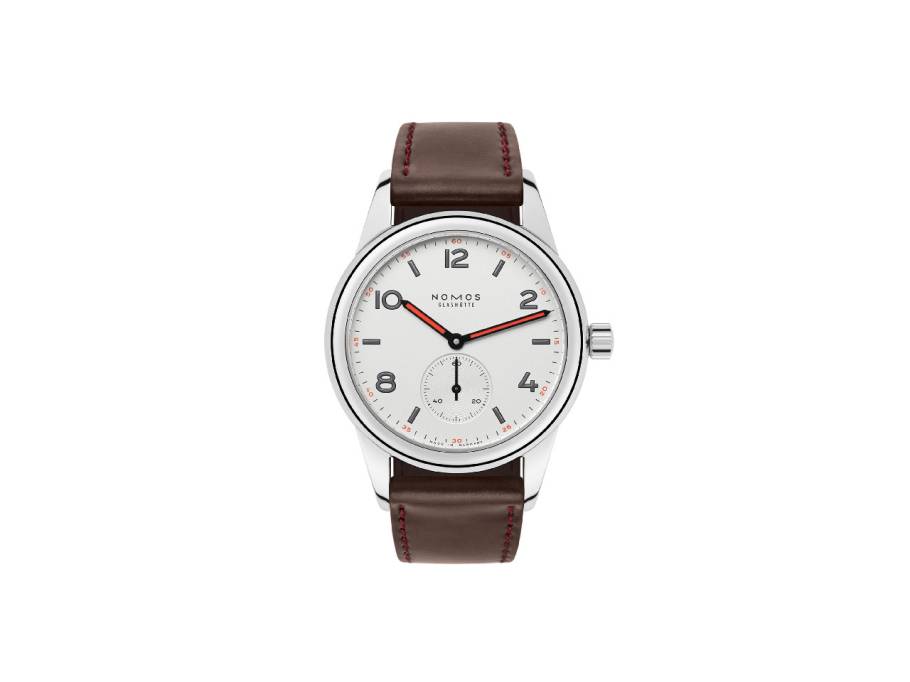 Club 36 Handaufzug Edelstahl elfenbeinfarbenes Zifferblatt braunes Lederband Glasboden