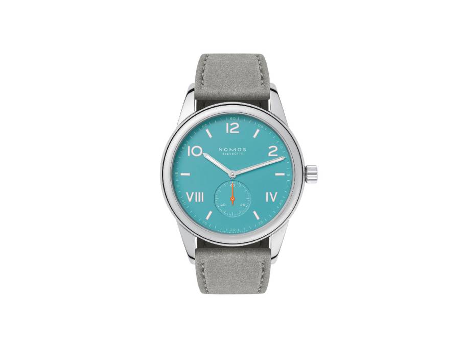 Club Campus 38 Endless Blue Handaufzug Edelstahl blaues Zifferblatt graues Lederband Glasboden