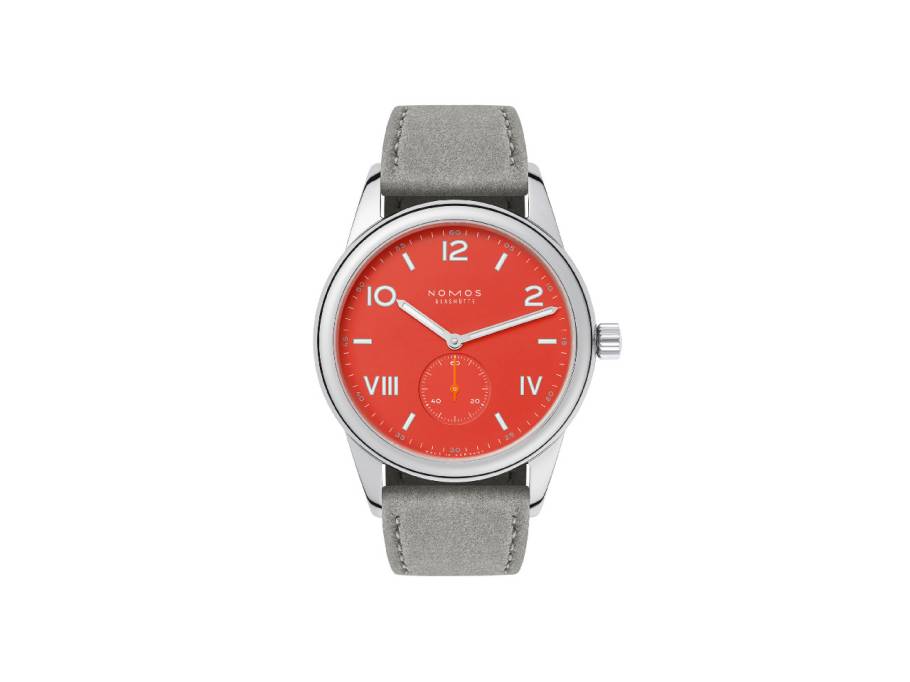 Club Campus 38 Nonstop Red Handaufzug Edelstahl rotes Zifferblatt graues Lederband Stahlboden
