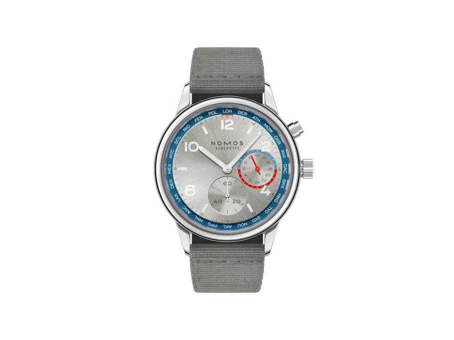 Club Sport neomatik Weltzeit Automatik Edelstahl 40mm silber-blaues Zifferblatt graues Textilband