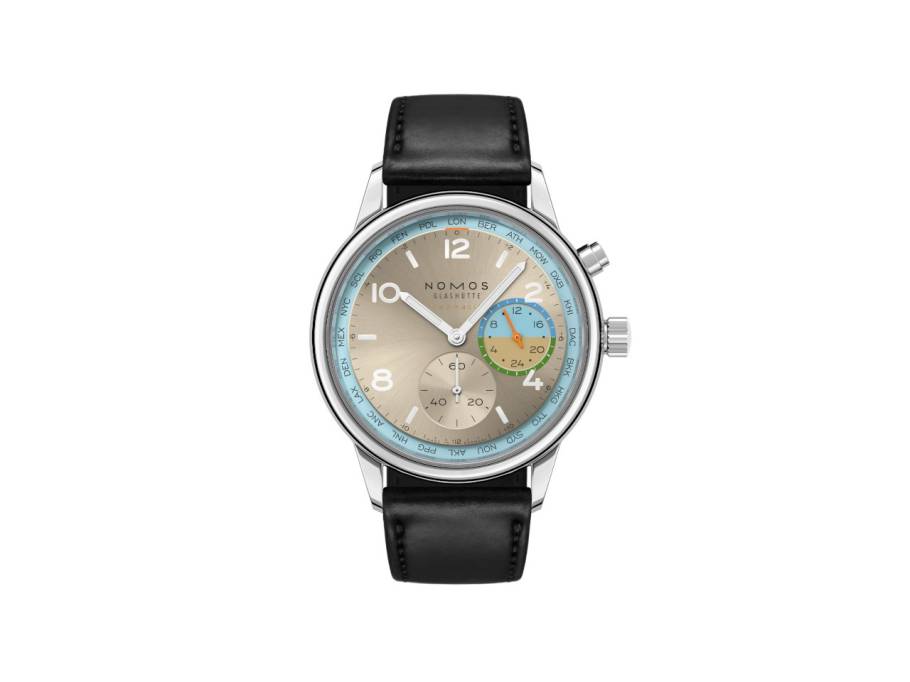 Club Sport neomatik Weltzeit "Roam" Automatik Edelstahl 40mm champagnerfarbenes Zifferblatt schwarzes Lederband