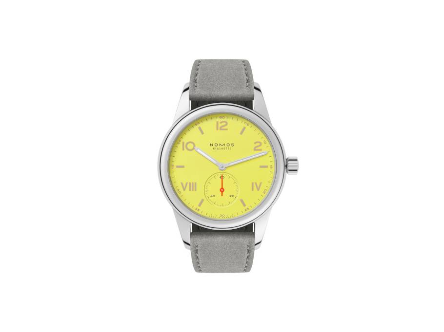 Club Campus Starlight Handaufzug Edelstahl 36mm gelbes Zifferblatt graues Lederband Stahlboden