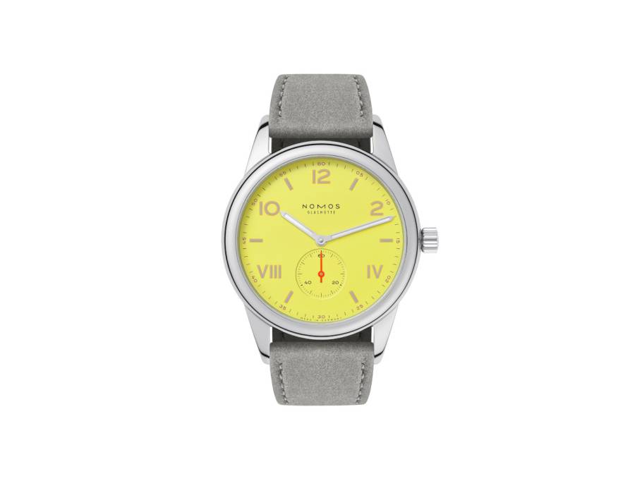Club Campus Starlight Handaufzug Edelstahl 38mm gelbes Zifferblatt graues Lederband Glasboden
