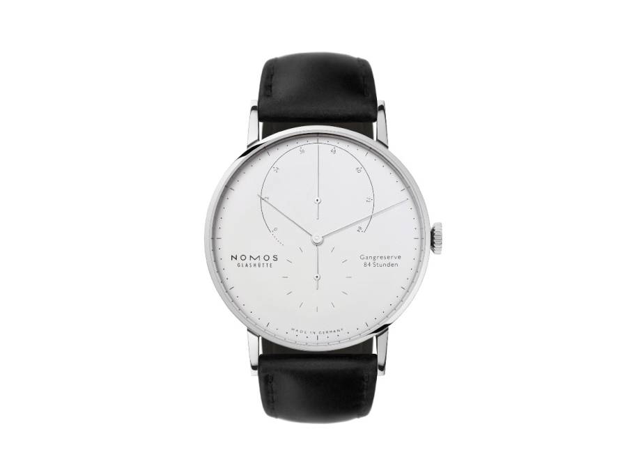 Lambda 42 Handaufzug Weißgold 42mm weißes Zifferblatt schwarzes Lederband