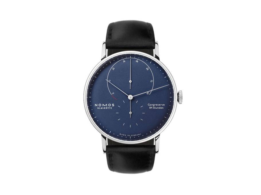 Lambda 42 Tiefblau Handaufzug Weißgold 42mm blaues Zifferblatt schwarzes Lederband