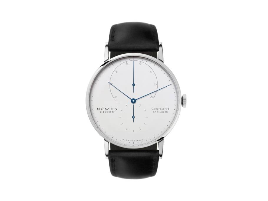 Lambda 42 Handaufzug Weißgold 42mm weißes Zifferblatt schwarzes Lederband