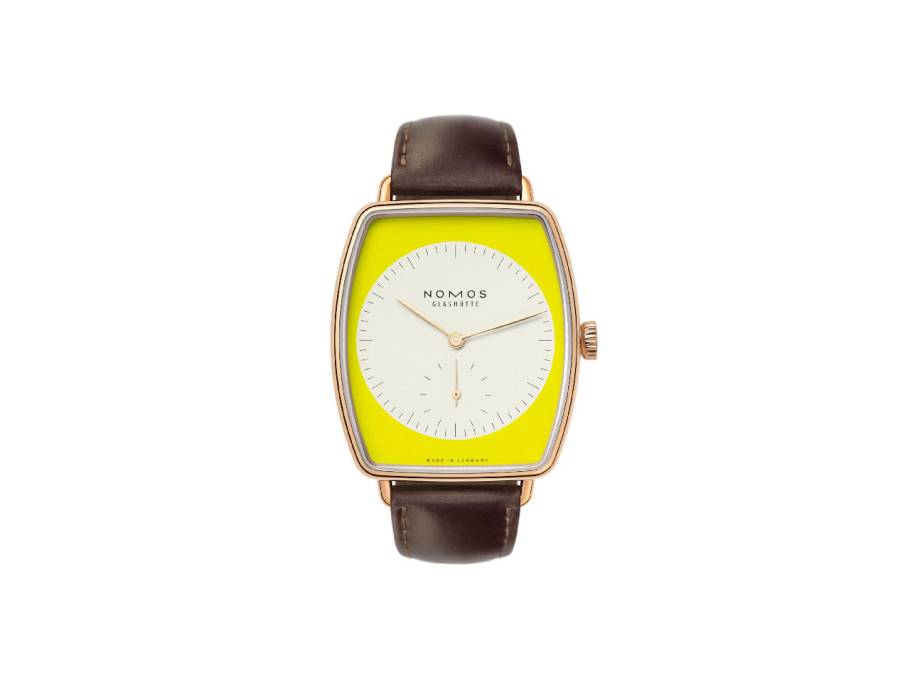 Lux Zikade Handaufzug Roségold 38,5mm weiß-gelbes Zifferblatt braunes Lederband