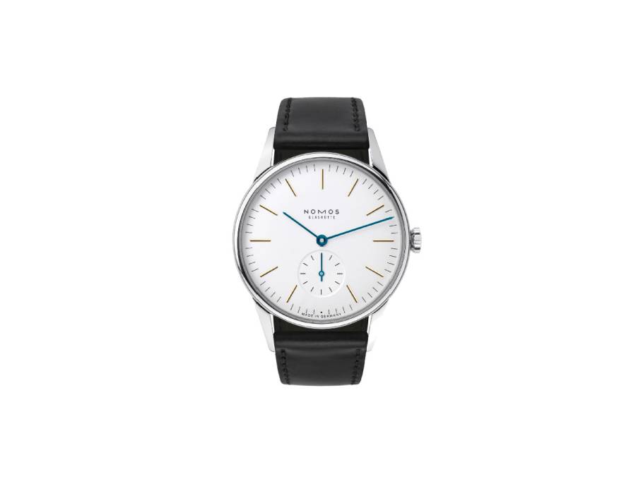 Orion 35 Handaufzug Edelstahl 35mm weißes Zifferblatt schwarzes Lederband Glasboden