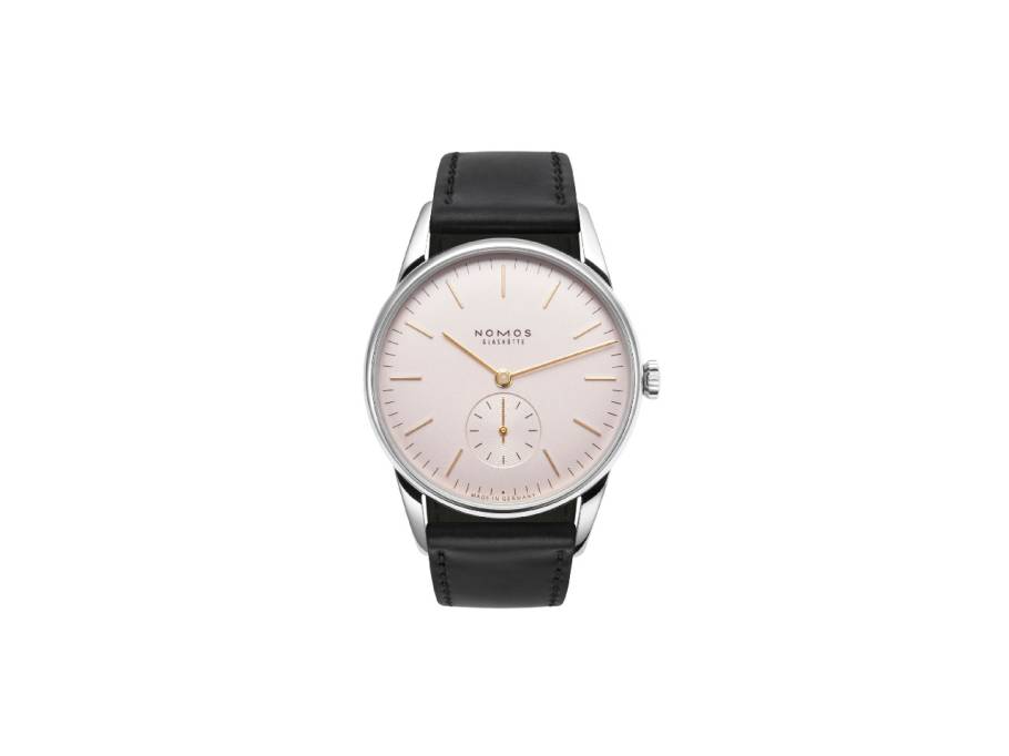 Orion 35 Handaufzug Edelstahl 35mm roségoldfarbenes Zifferblatt schwarzes Lederband Glasboden