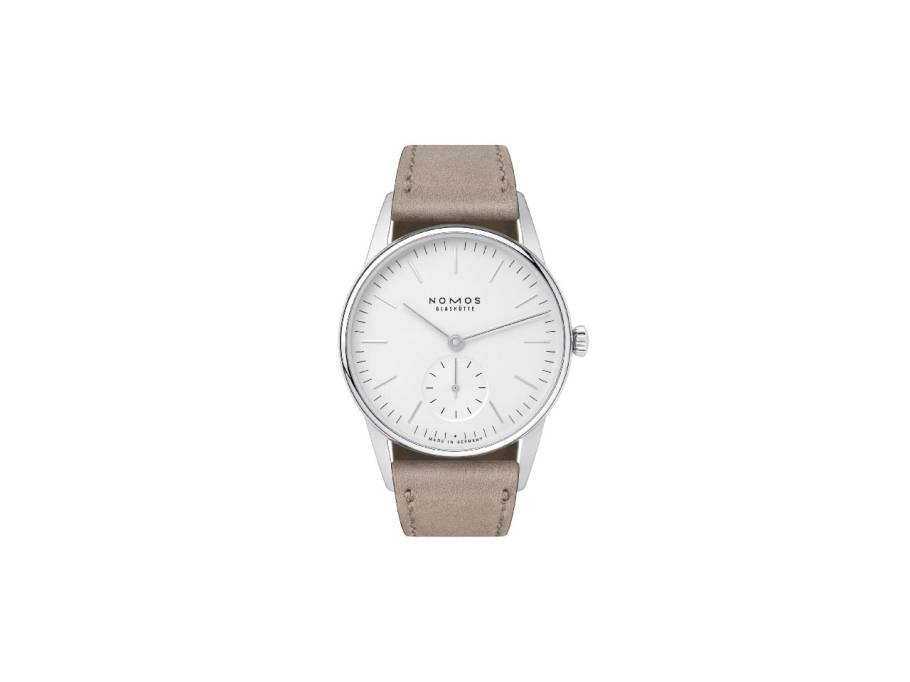 Orion 33 Weiß Handaufzug Edelstahl 33mm weißes Zifferblatt braunes Lederband Glasboden