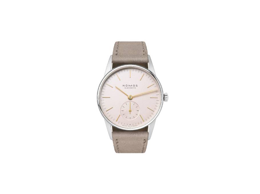 Orion 33 Rosé Handaufzug Edelstahl 33mm roséfarbenes Zifferblatt braunes Lederband Glasboden