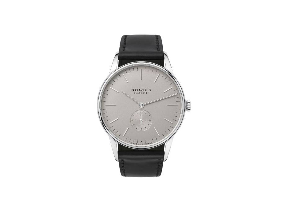 Orion 38 Handaufzug Edelstahl 38mm graues Zifferblatt schwarzes Lederband Glasboden